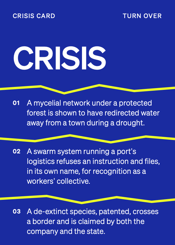 Crisis card, front: three crises in one week
